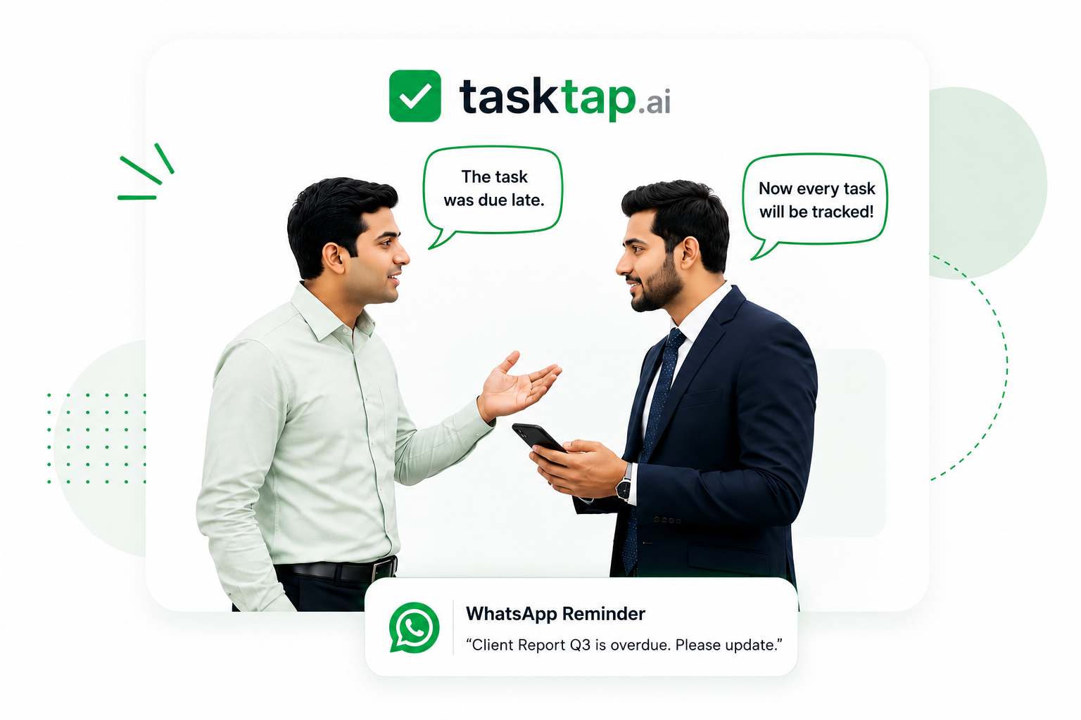 Team members discussing tasks — TaskTap.ai accountability platform